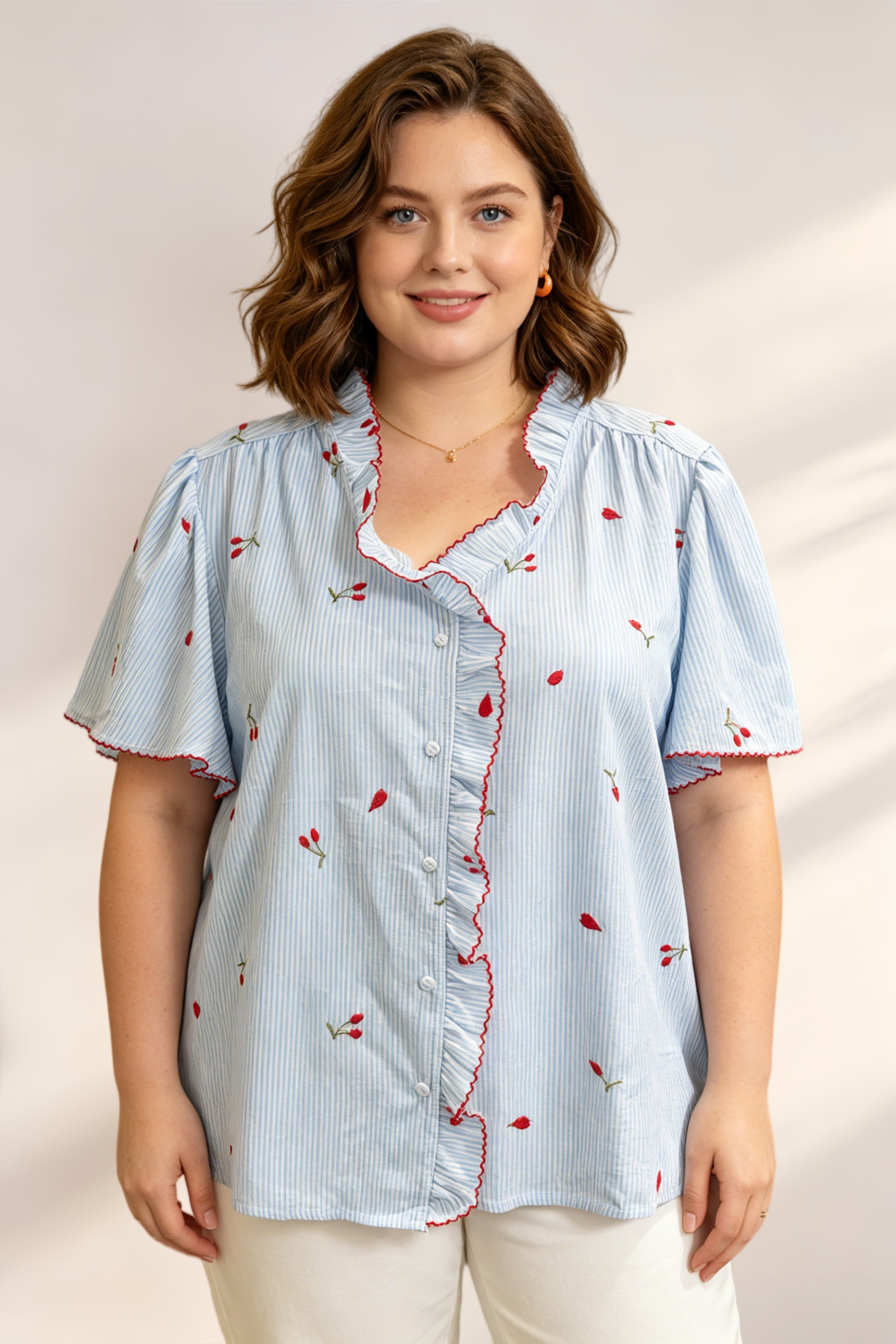Striped Cotton Embroidered Plus Size Shirt