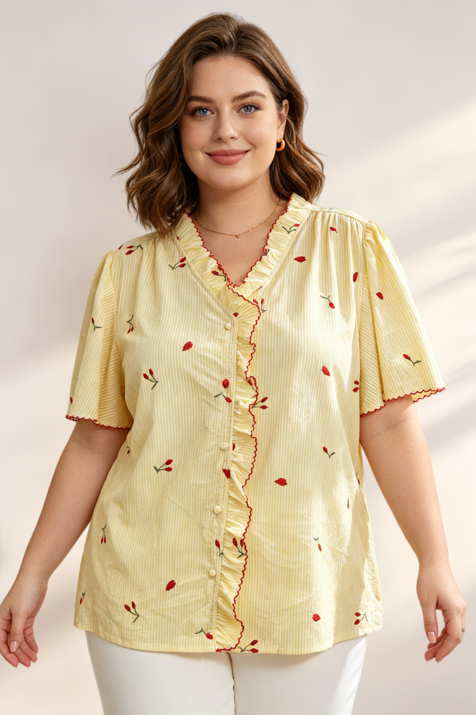Chemise Coton Rayée en broderie Grande Taille