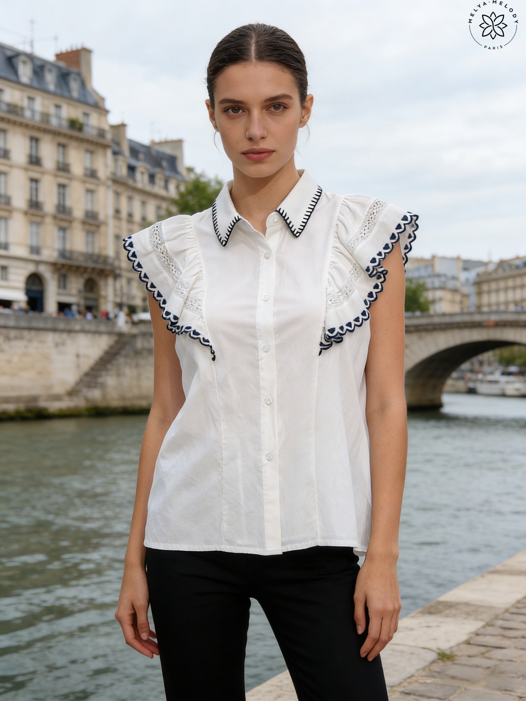 Lace Top Shirt with Flutter Sleeves - Image 1