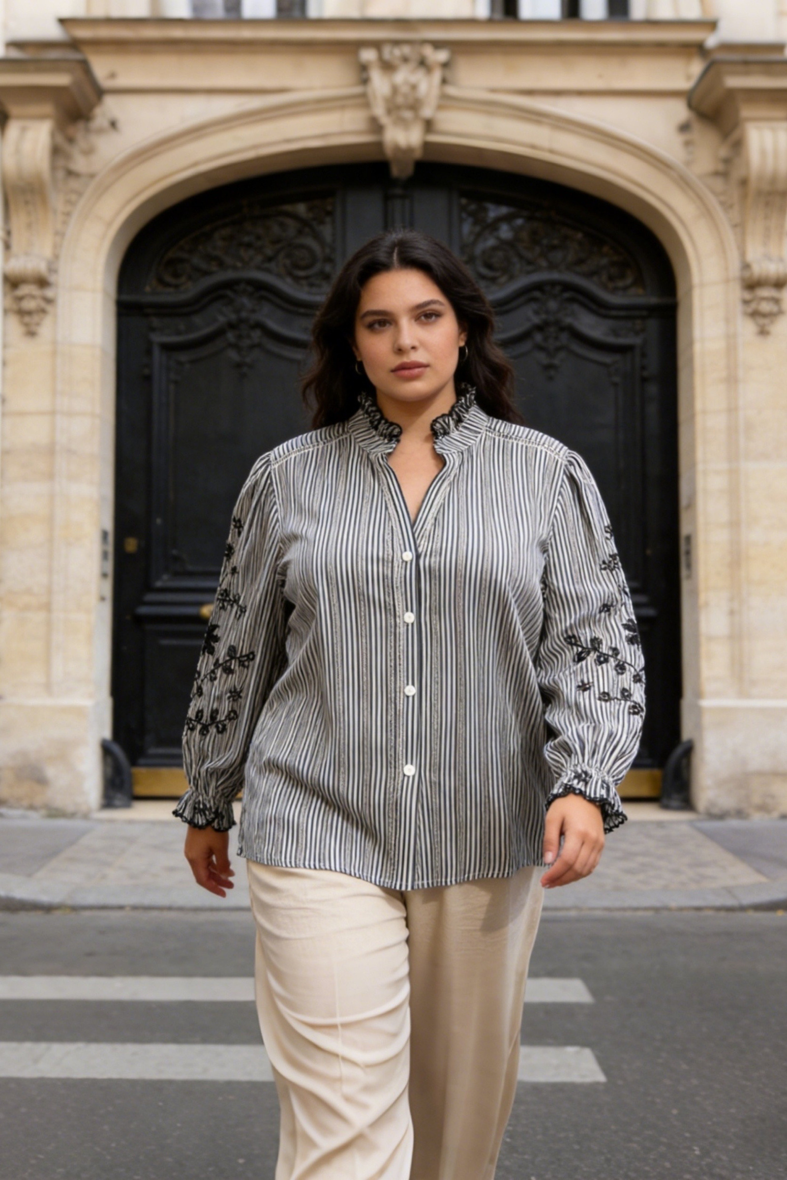 Striped V-Neck Shirt with Embroidery in Plus Size - Image 1