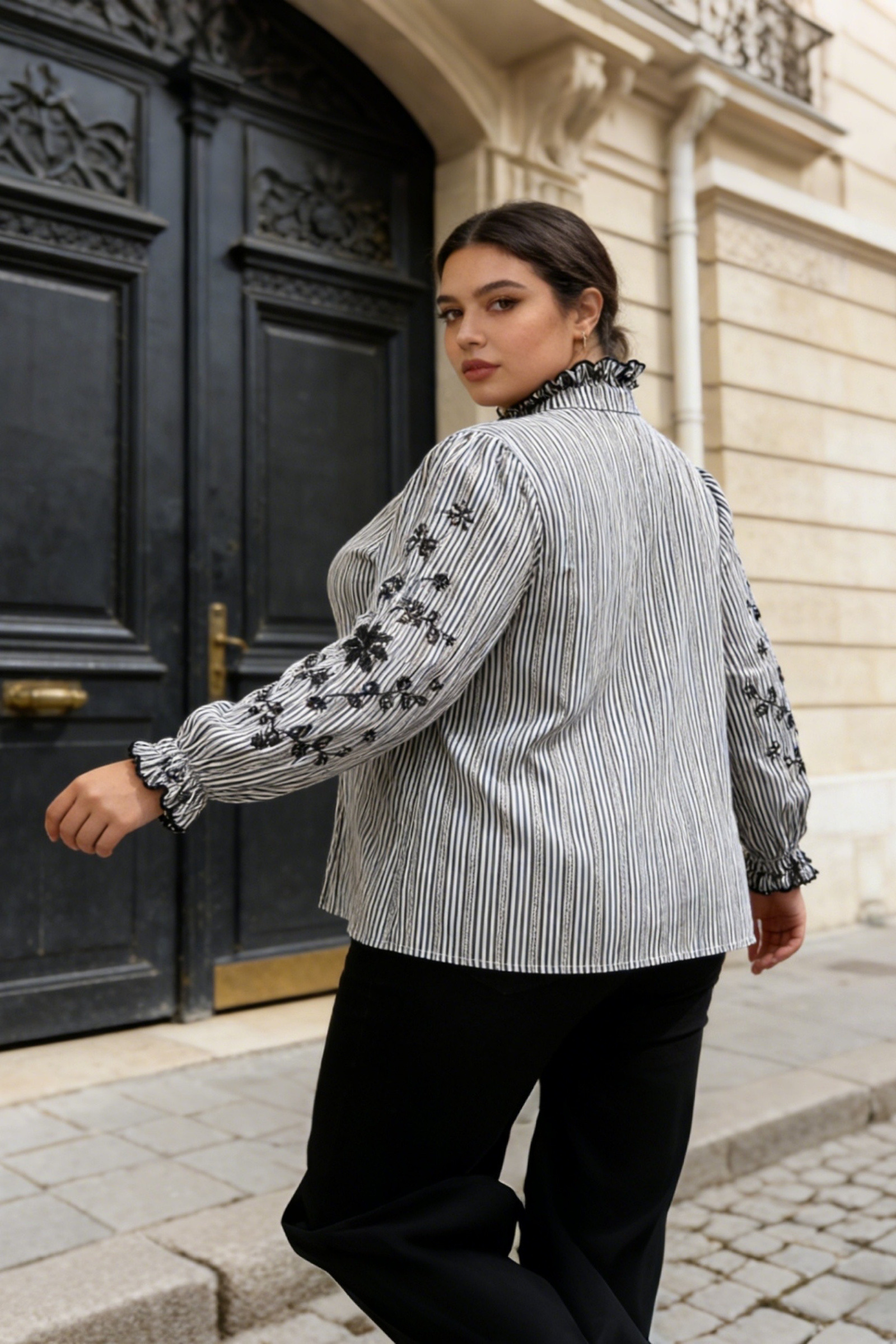 Striped V-Neck Shirt with Embroidery in Plus Size - Image 3