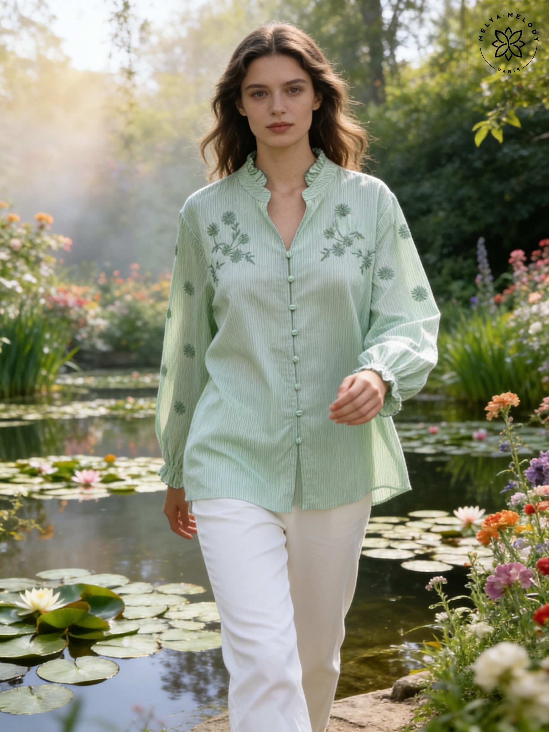 Blusa de rayas de manga larga adornada con bordados delicados - Image 2