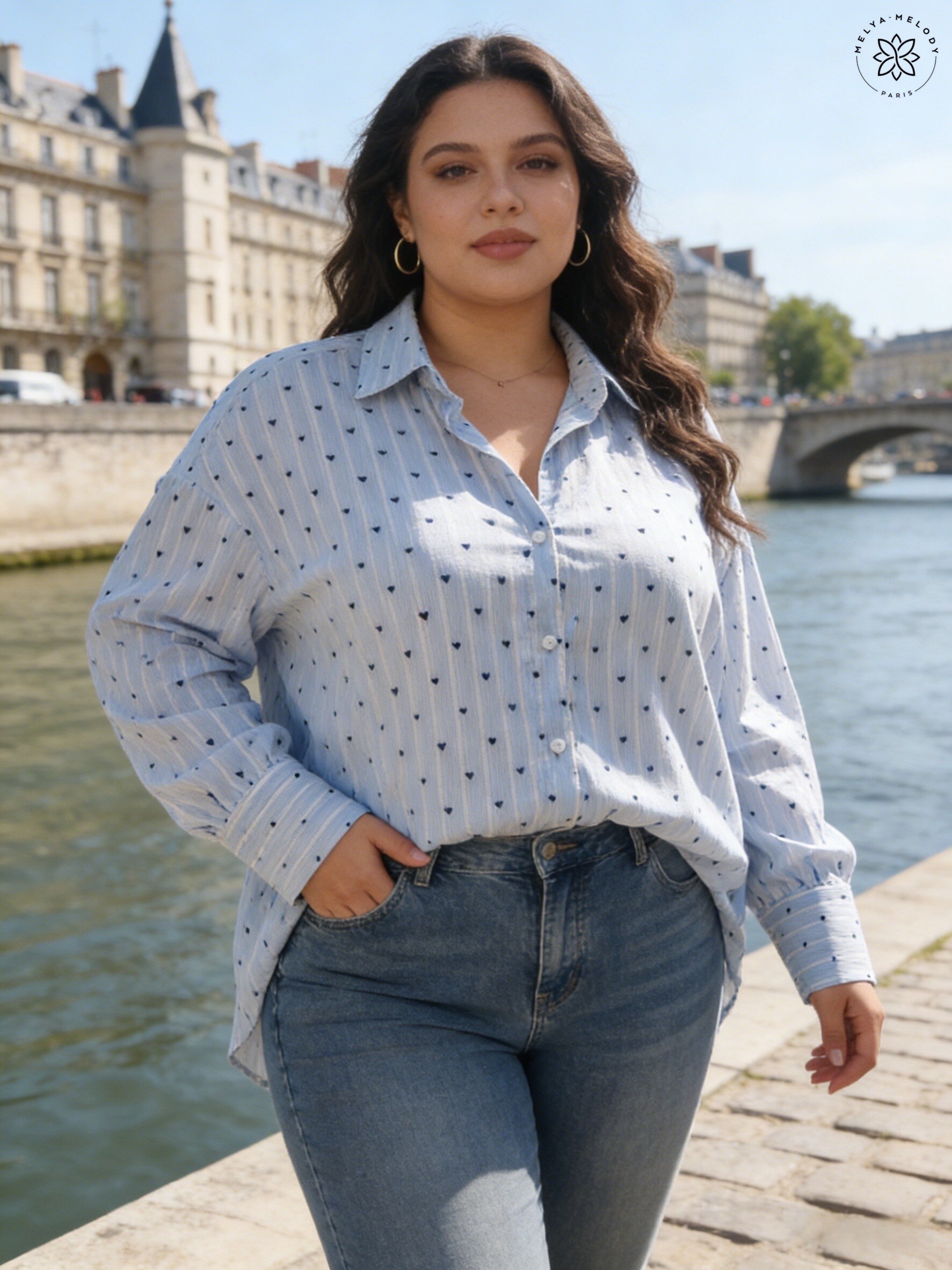 Camisa a Rayas con Pequeños Corazones en Talla Grande - Image 1