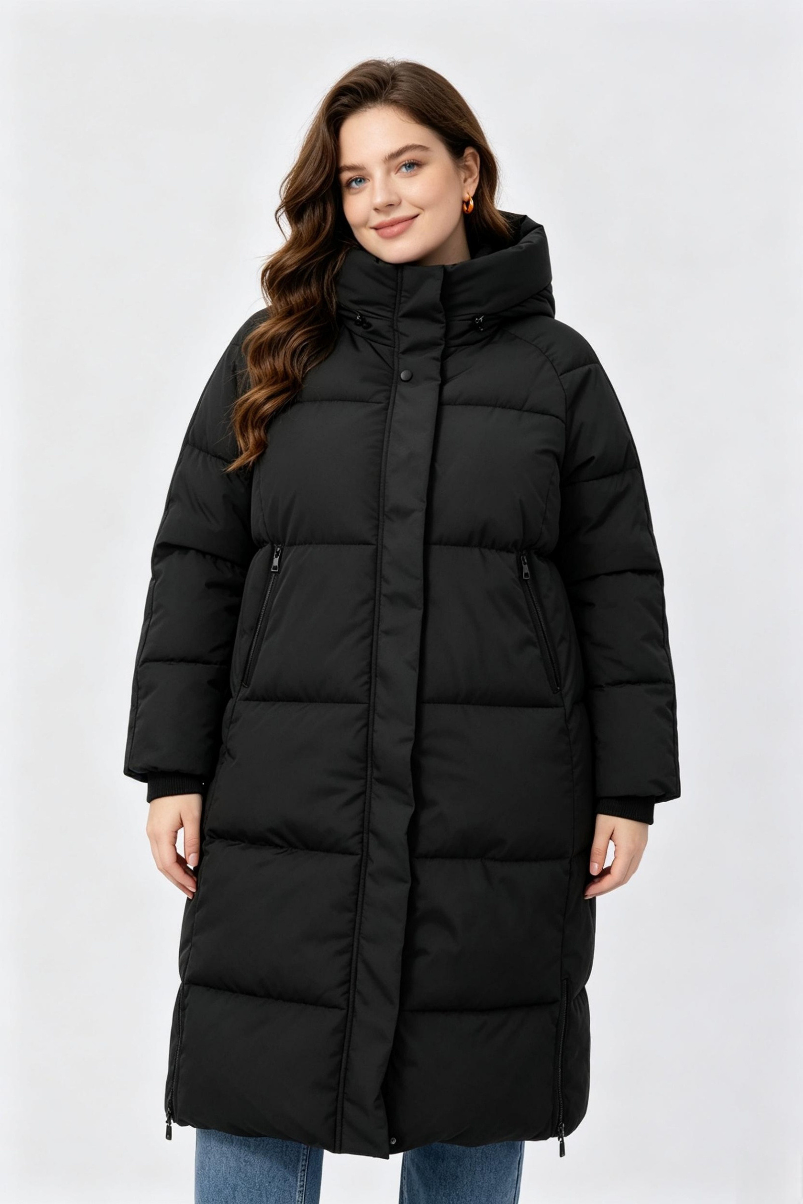 Wholesaler Melya Melody - Long puffer jacket with high collar and hood in plus size