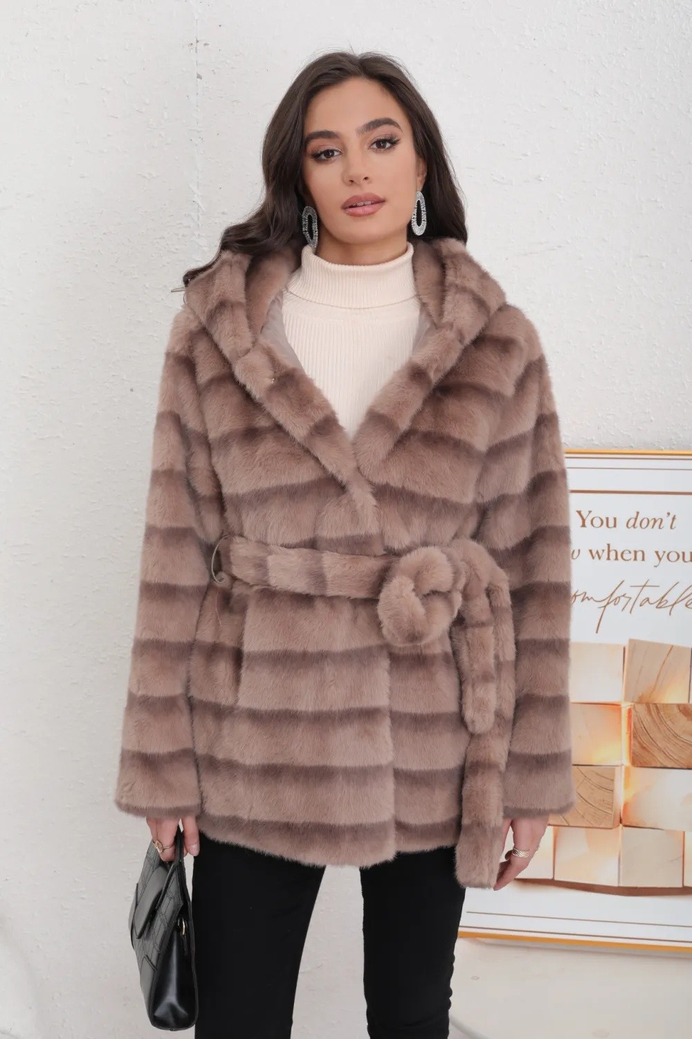 Mid-length mink fur coat with hood and belt - Image 8