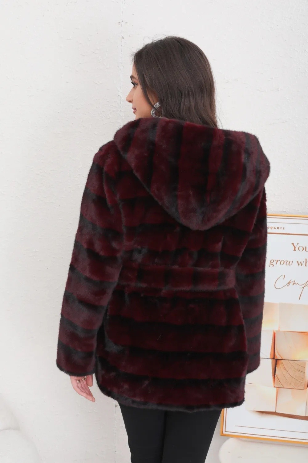 Mid-length mink fur coat with hood and belt - Image 21