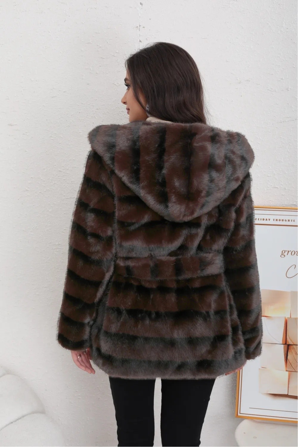 Mid-length mink fur coat with hood and belt - Image 23
