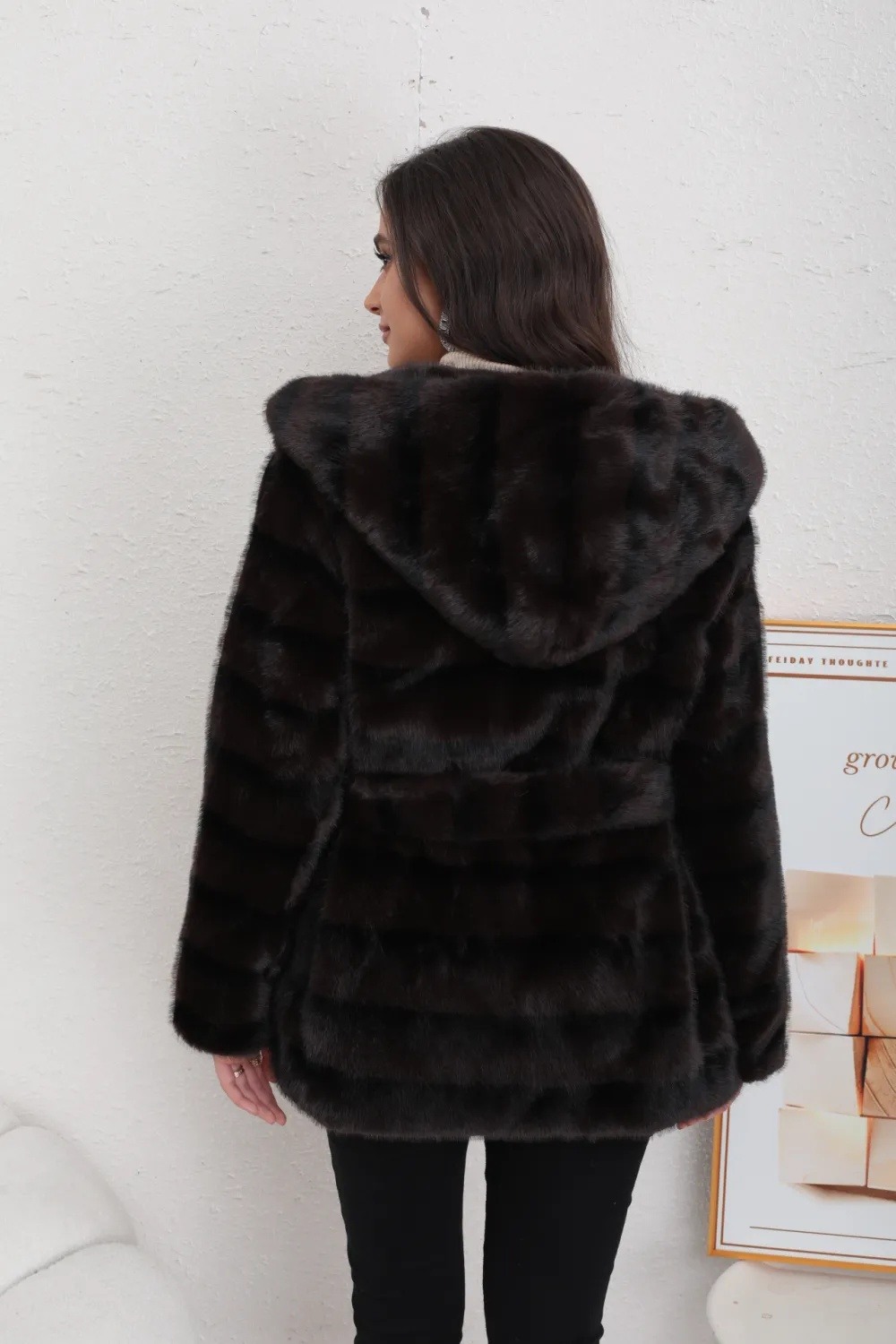 Mid-length mink fur coat with hood and belt - Image 24