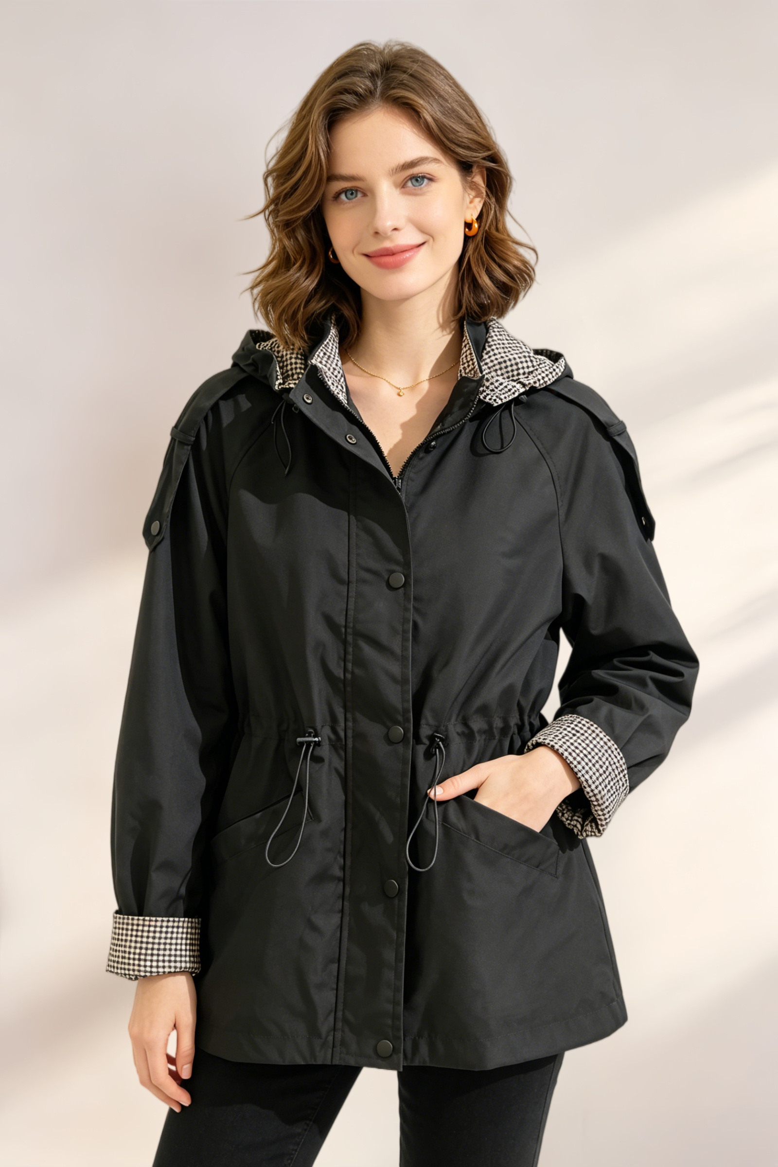 Short waterproof gingham trench coat