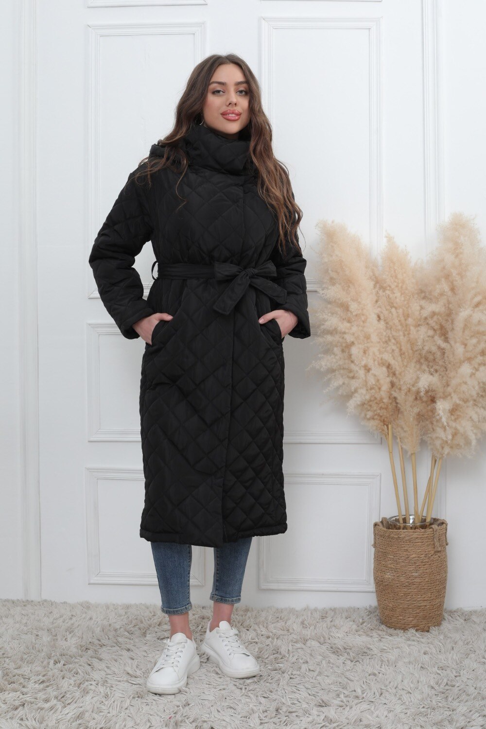 Lange gesteppte Jacke mit abnehmbarer Kapuze - Image 2