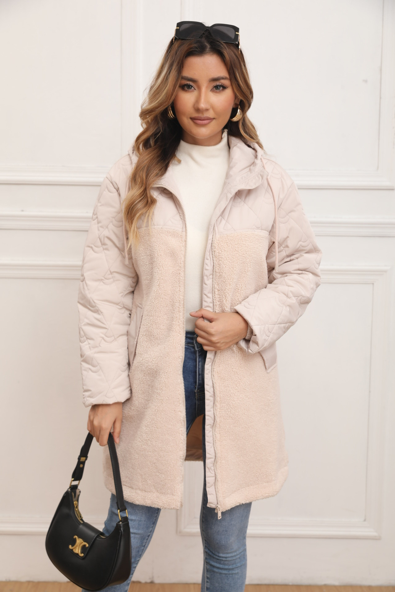 Mid-length mixed color jacket in dual fabric - Image 1