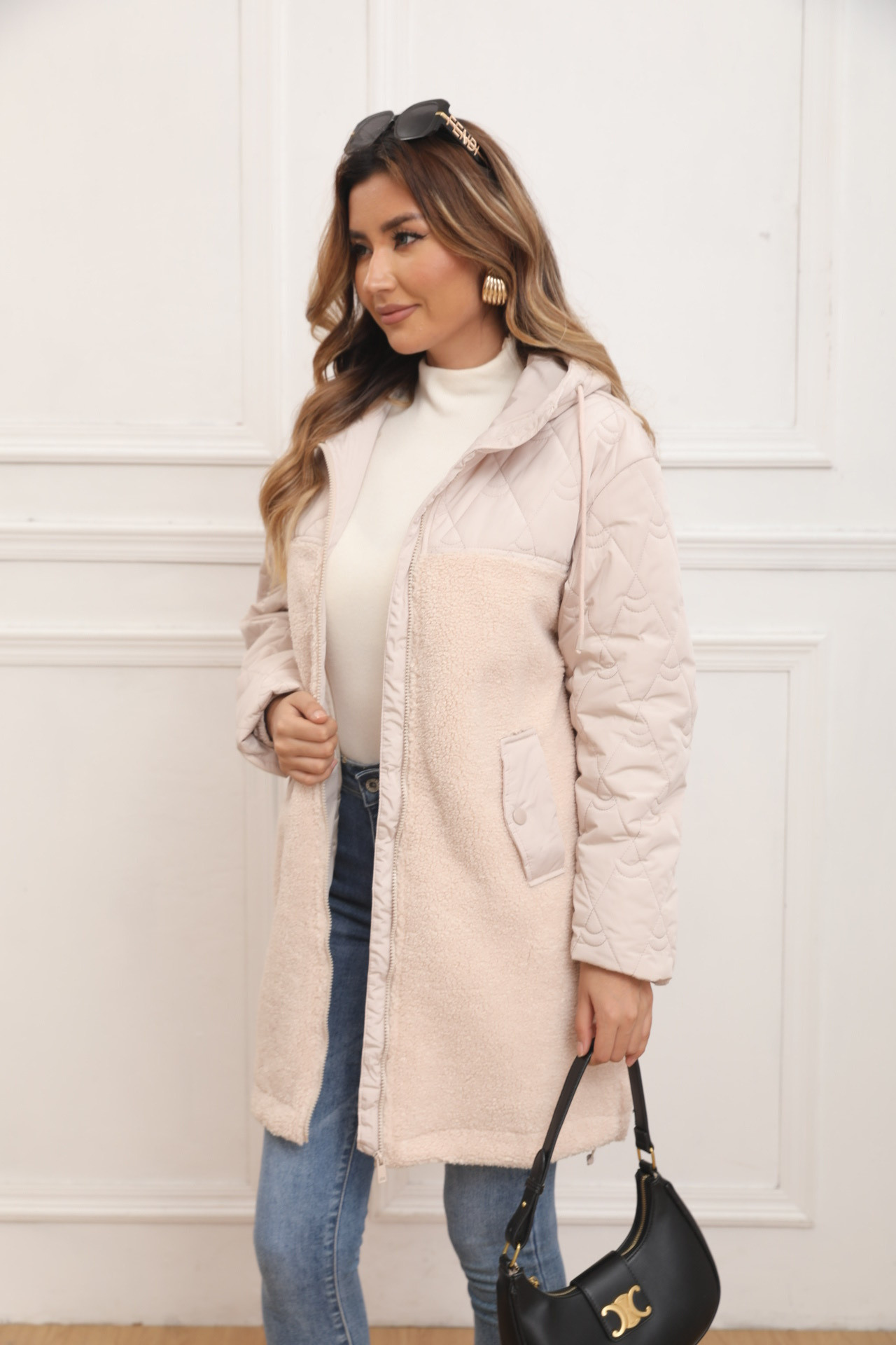 Mid-length mixed color jacket in dual fabric - Image 3