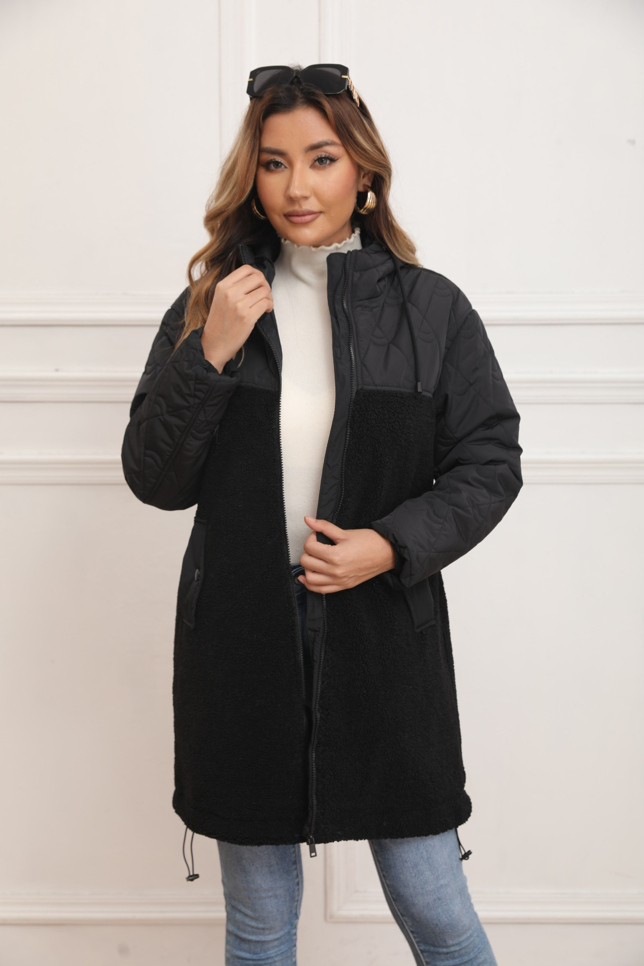 Mid-length mixed color jacket in dual fabric - Image 2