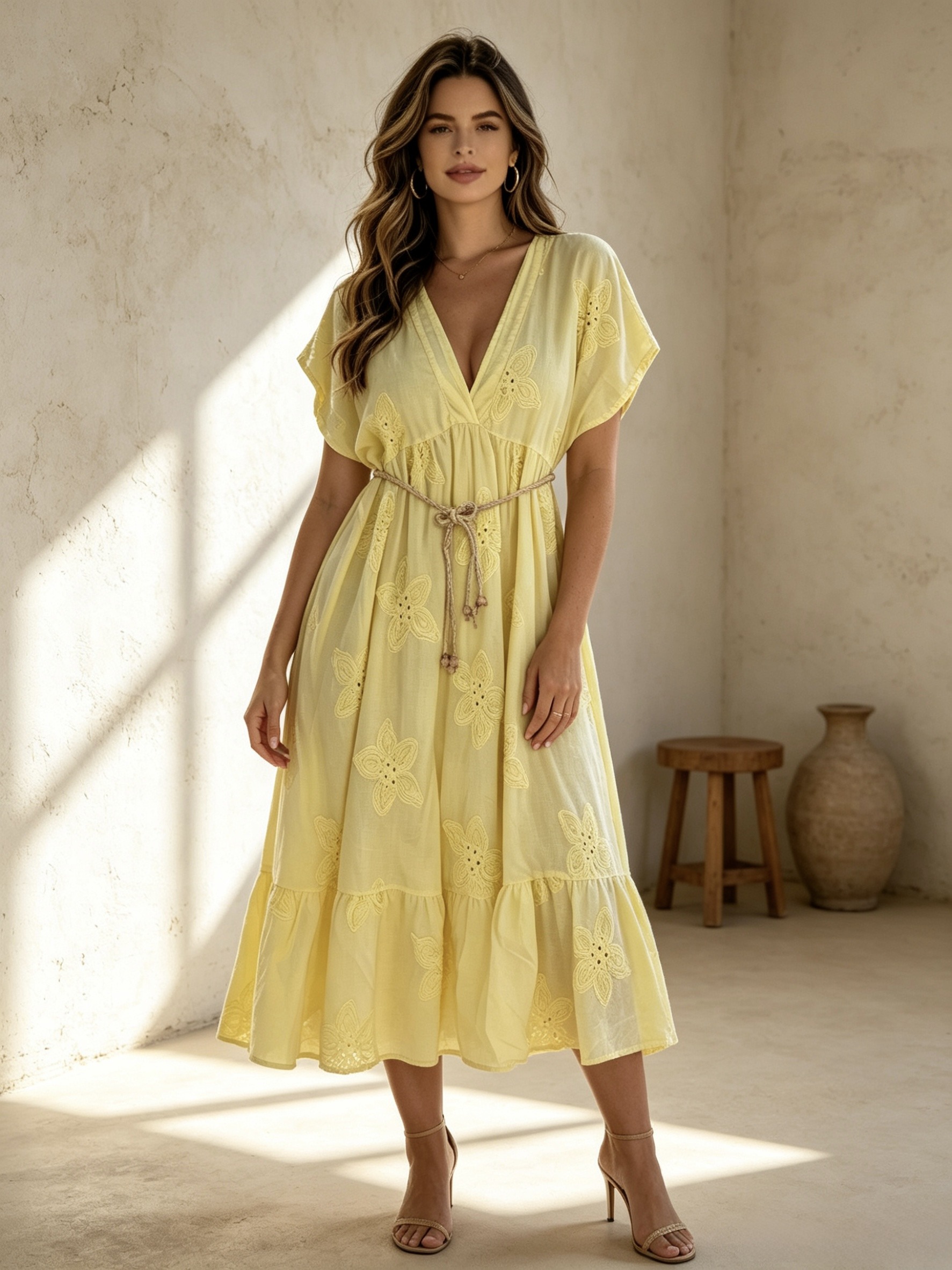 Grossiste Mika Moda - Robe en coton brodé avec ceinture