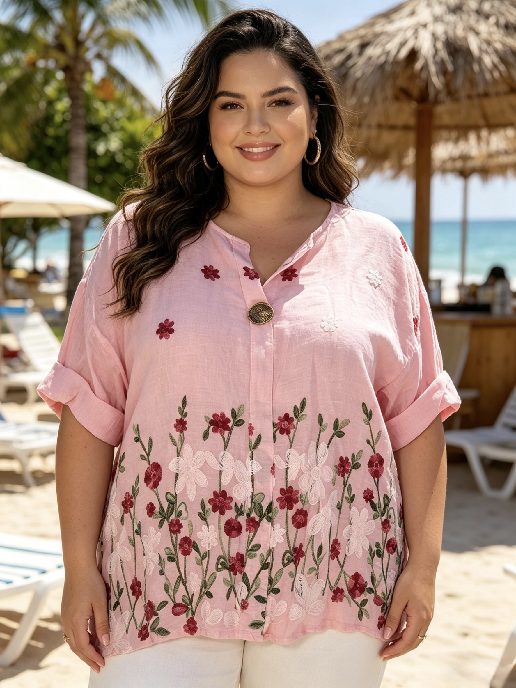 Wholesaler Mika Moda - Pure linen blouse with floral embroidery