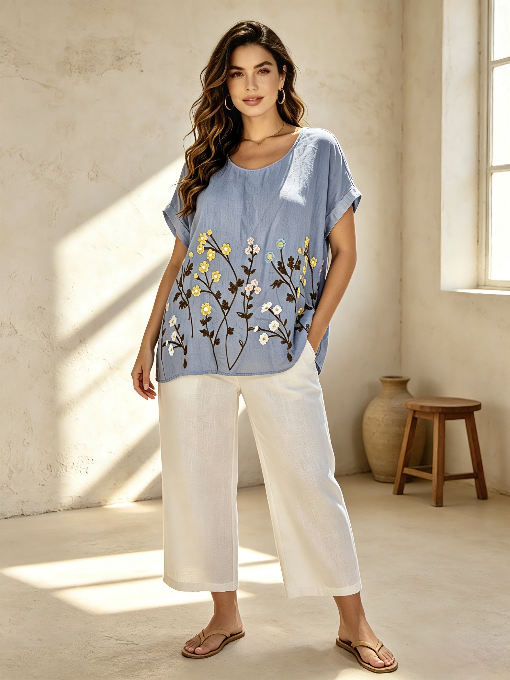 Wholesaler Mika Moda - Linen blend sweater with colorful embroidery