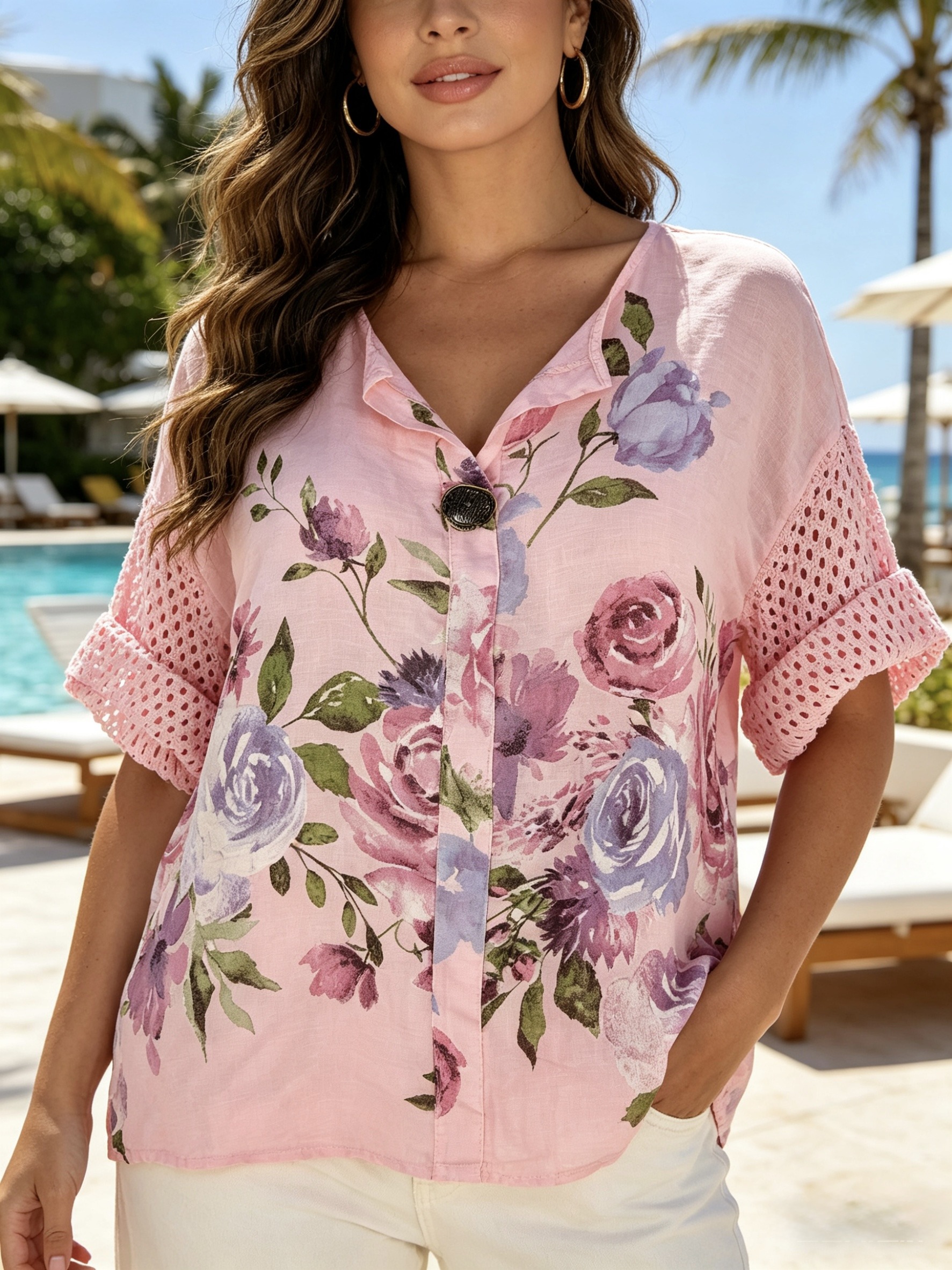 Wholesaler Mika Moda - FLORAL PURE LINEN BLOUSE WITH MESH LACE