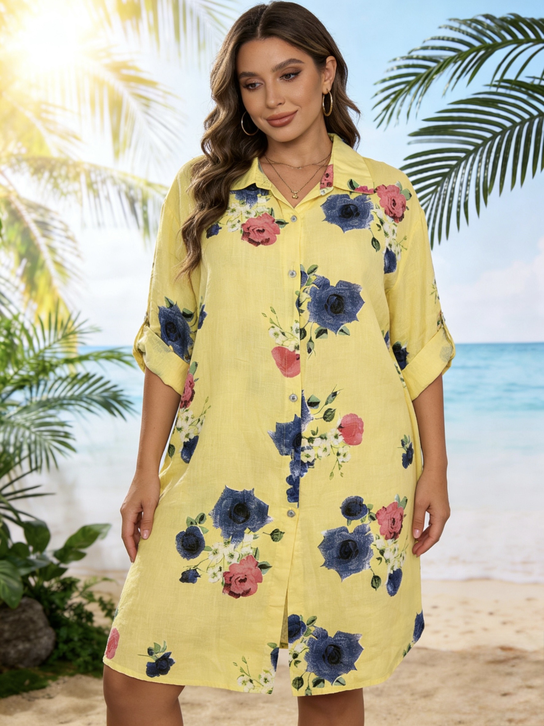 Grossista Mika Moda - CAMICIA LUNGA IN PURO LINO FLOREALE