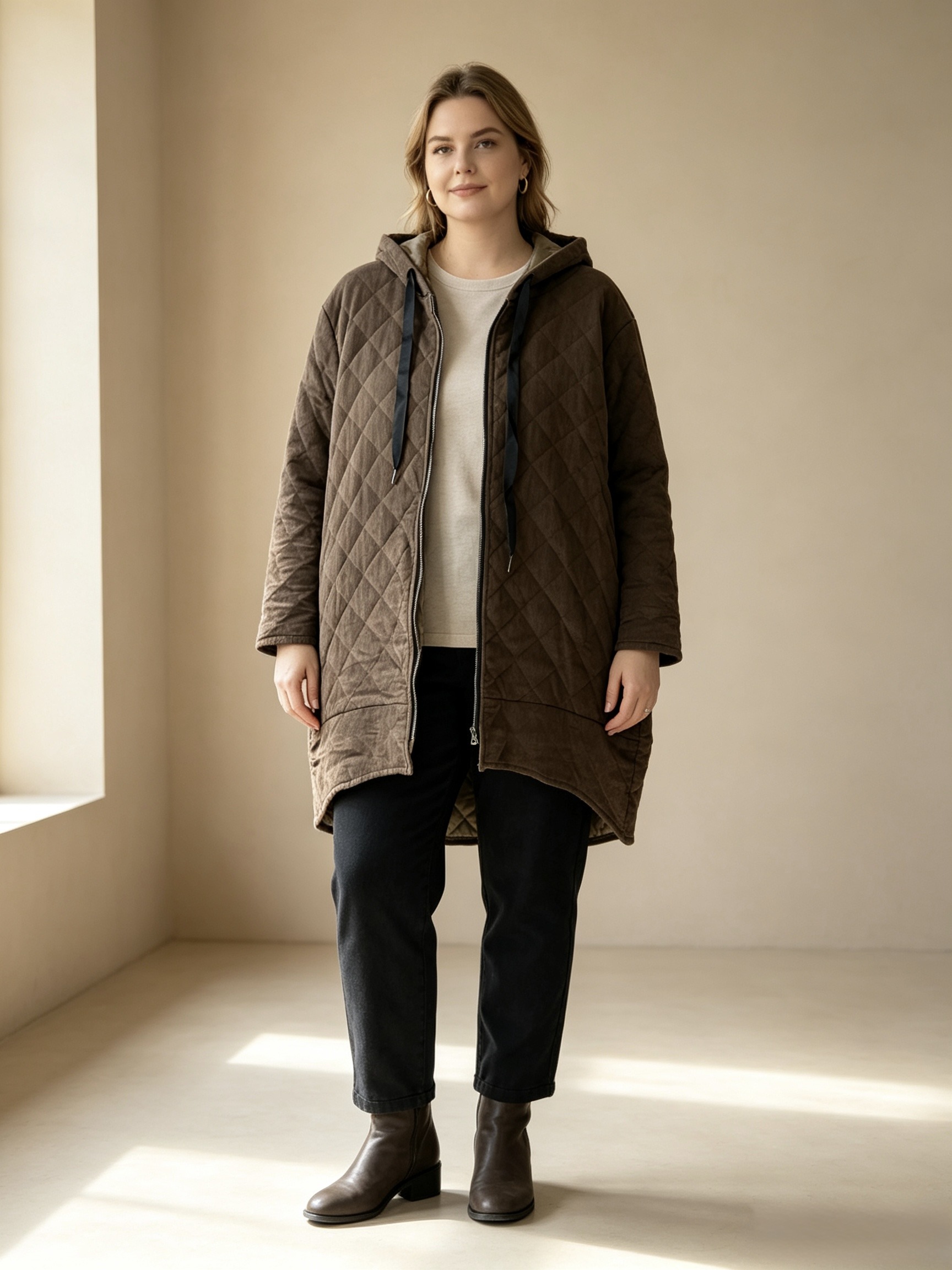 Wholesaler Mika Moda - LONG VELVET COAT WITH PADDED LINING, HOOD, AND POCKETS
