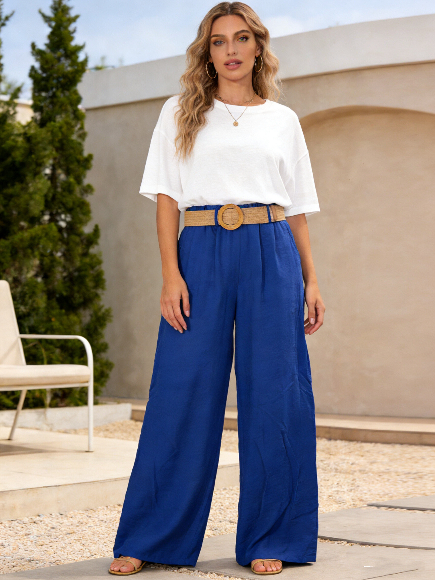 Mayorista Mika Moda - Pantalones palazzo con cinturón y bolsillos