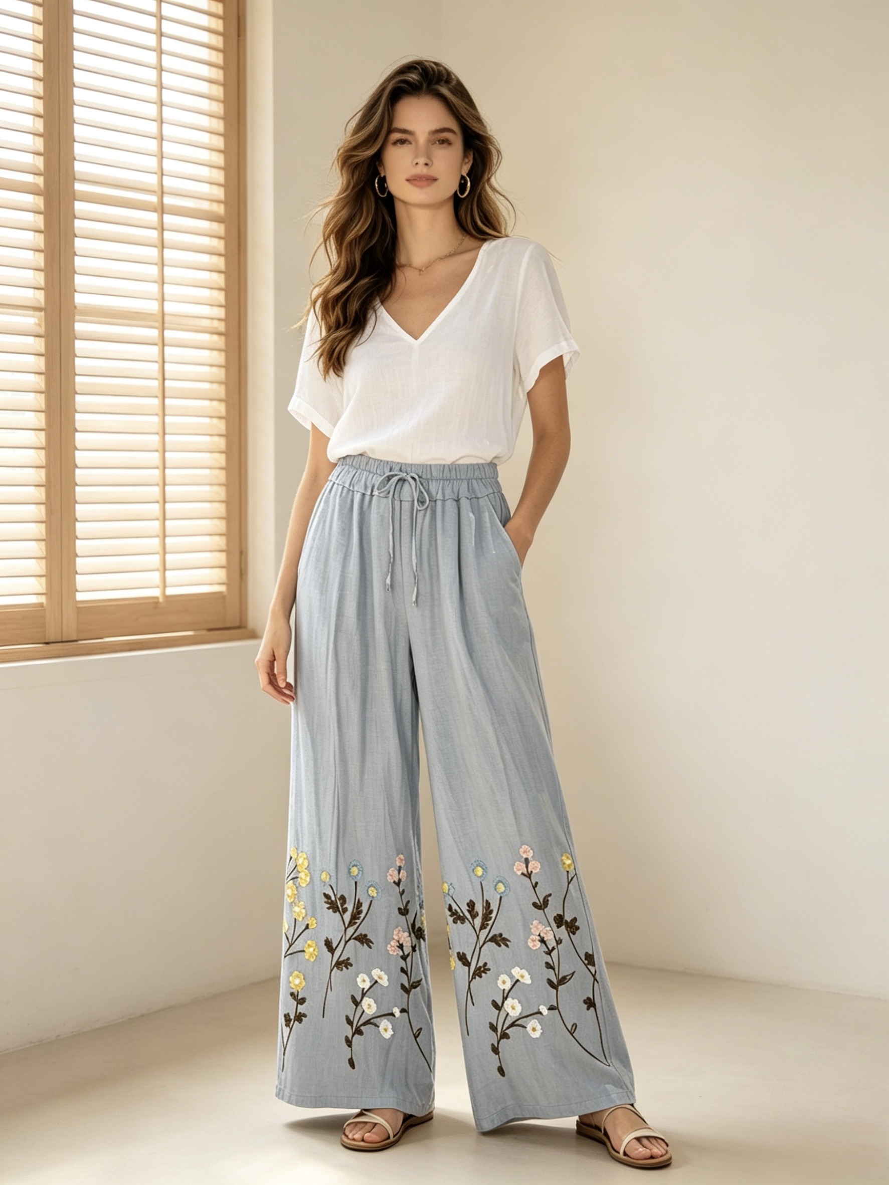 Wholesaler Mika Moda - Linen blend trousers with colorful embroidery