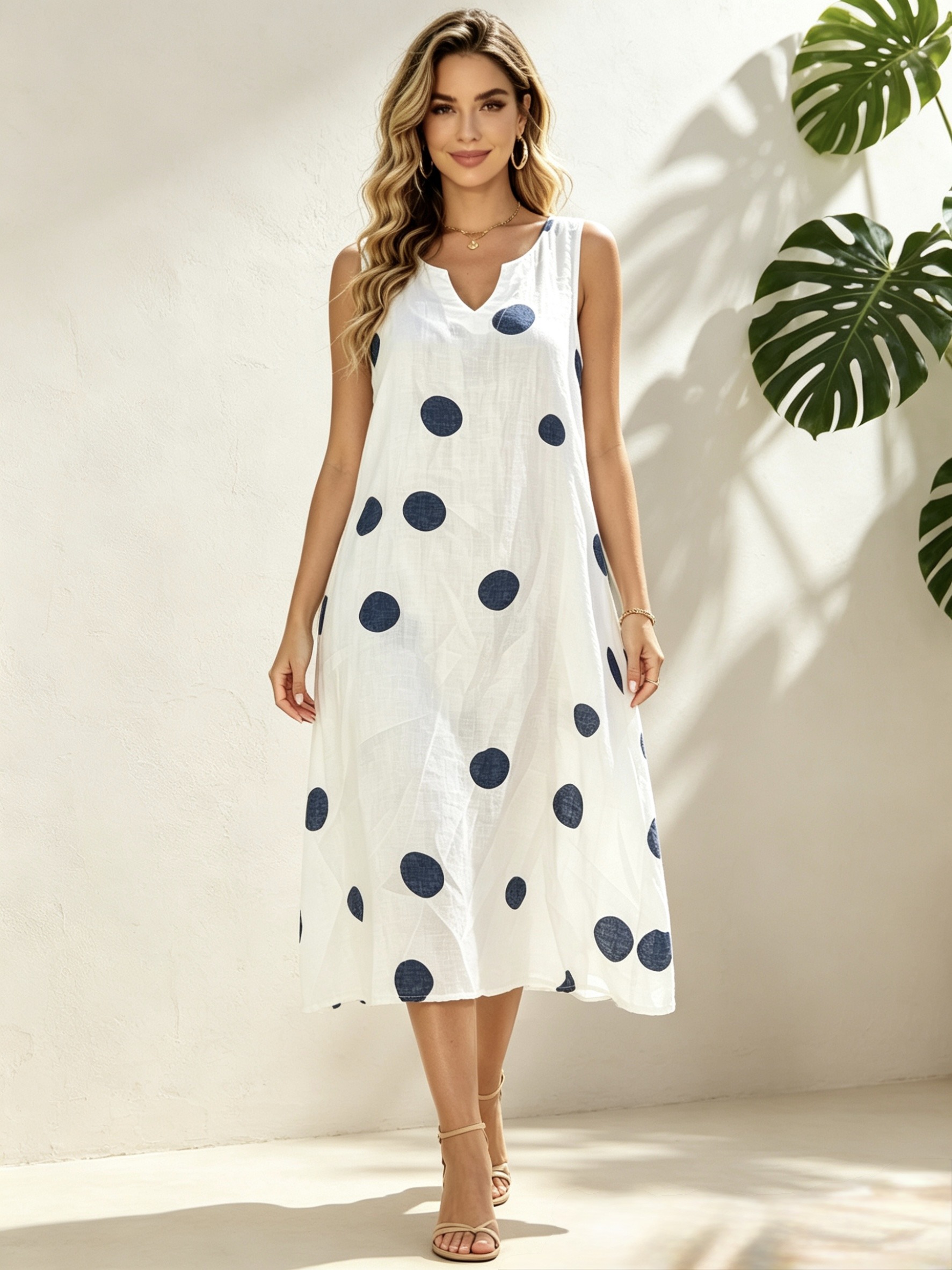 Wholesaler Mika Moda - Sleeveless pure linen polka dot dress with pockets