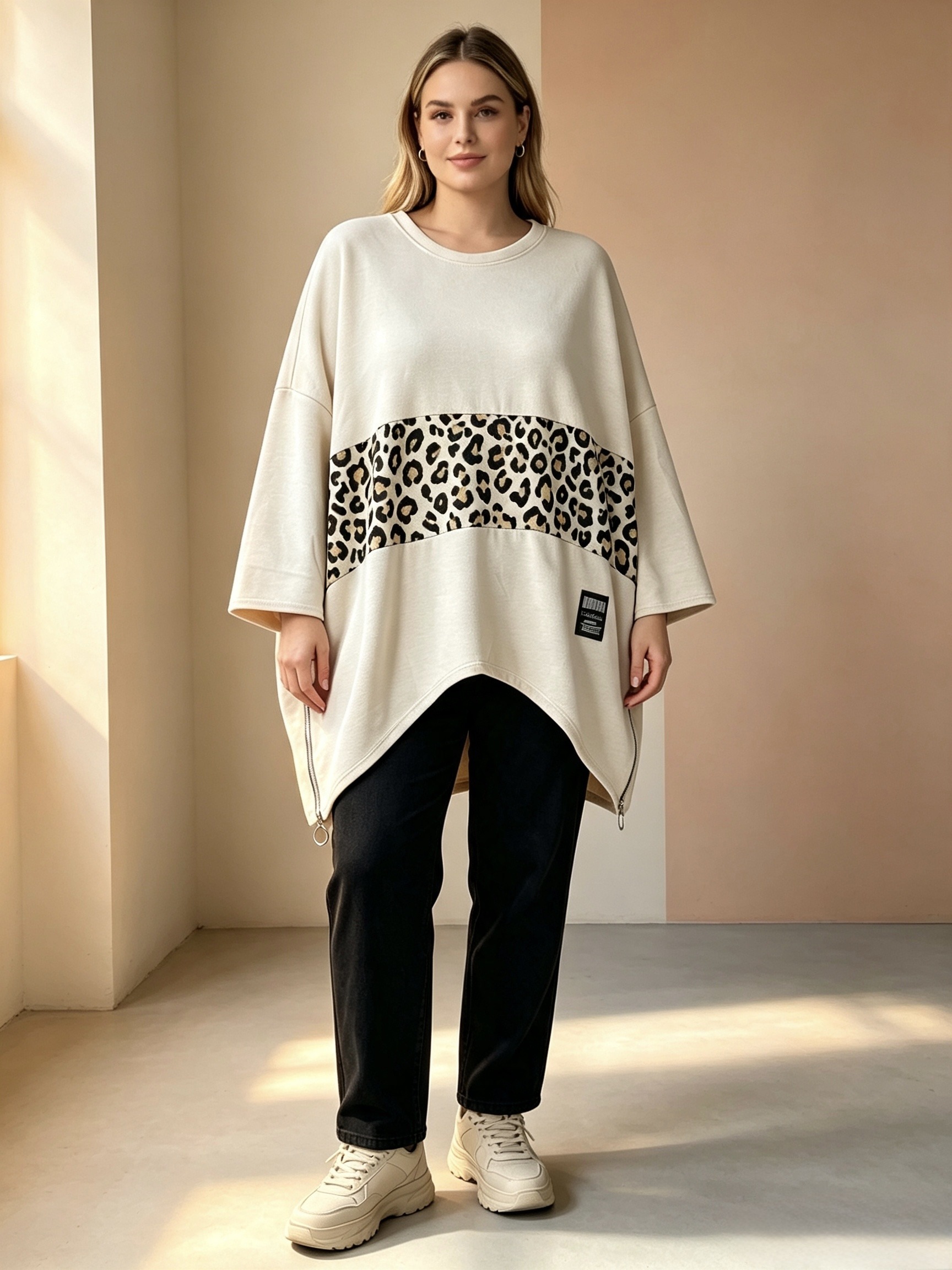 Wholesaler Mika Moda - Hoodie with side zips and pockets, adorned with a leopard stripe