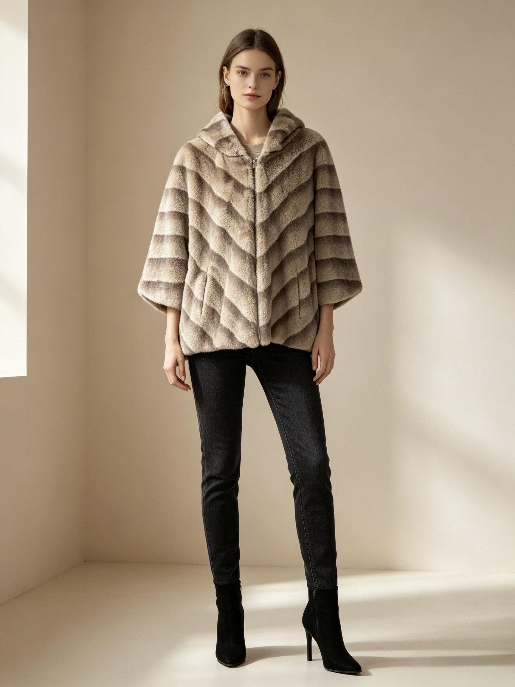 Wholesaler Mika Moda - Faux fur jacket with three-quarter sleeves and hood