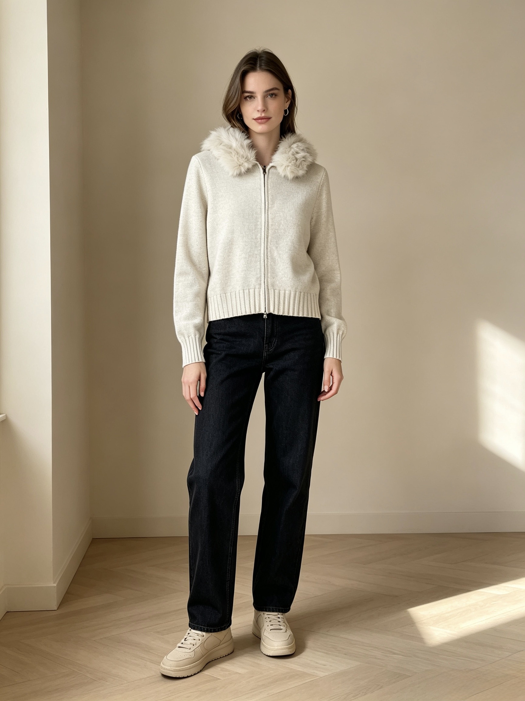 Wholesaler Mika Moda - KNIT JACKET WITH REMOVABLE FAUX FUR ON THE HOOD