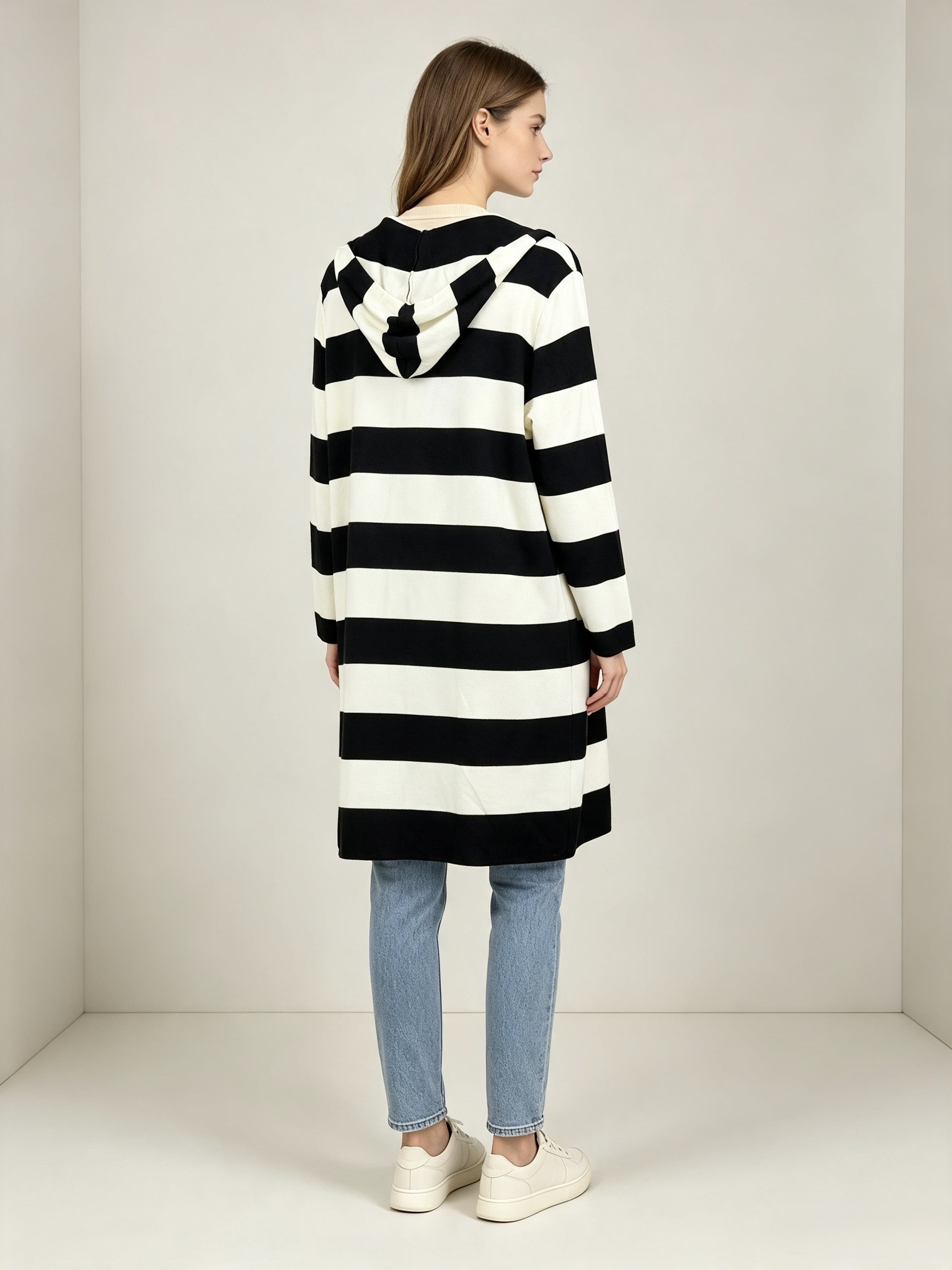 Wholesaler Mika Moda - Long striped cardigan with hood and pockets