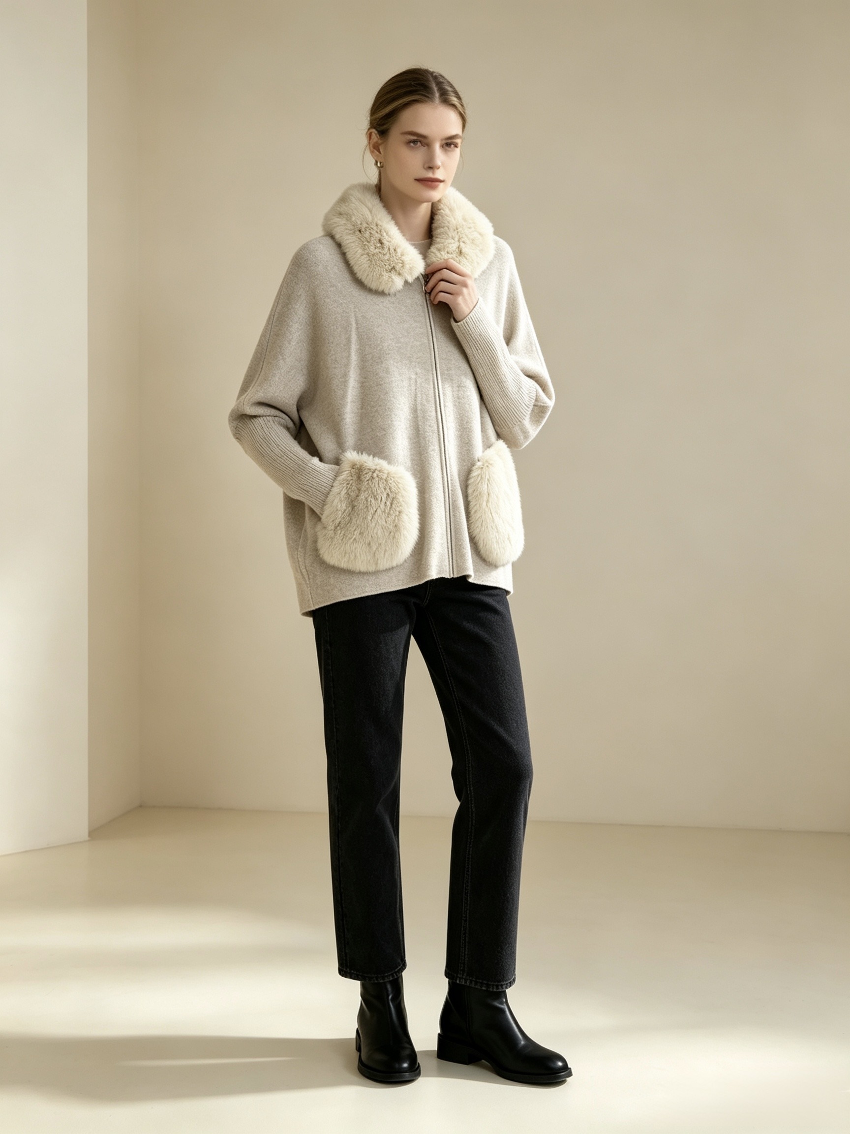 Wholesaler Mika Moda - Jacket with faux fur collar and pockets