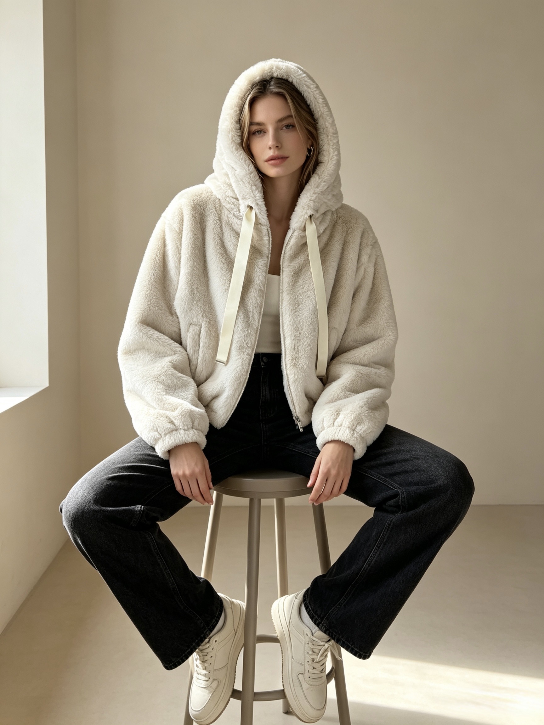 Wholesaler Mika Moda - Faux fur jacket with hood and pockets
