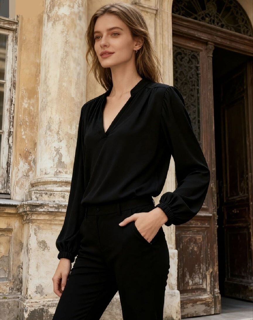 Mayorista MIKAFIRENZE - Camisa de escote en V de satén viscosa