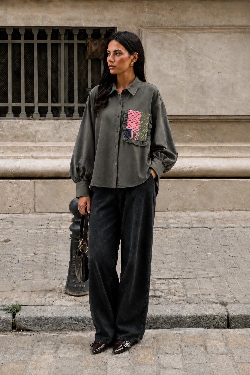 Wholesaler MILLERA - BOHO SHIRT WITH PATCHWORK POCKET AND RUFFLES