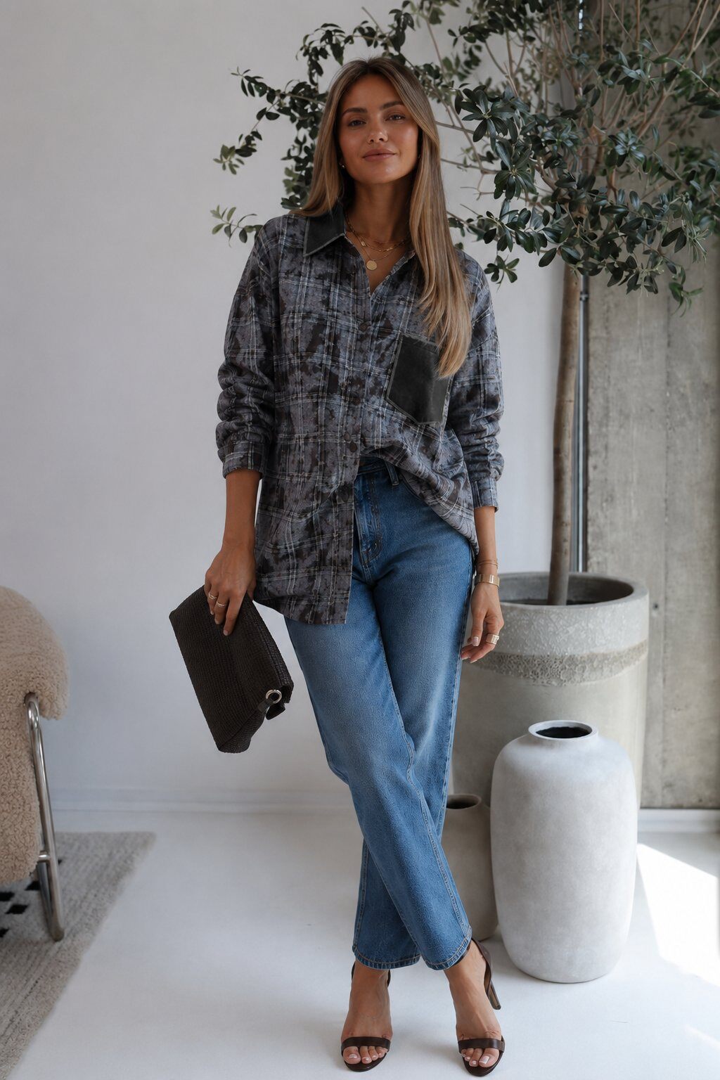 Wholesaler MILLERA - VINTAGE WASHED PLAID SHIRT WITH COLLAR AND ECO-LEATHER POCKET