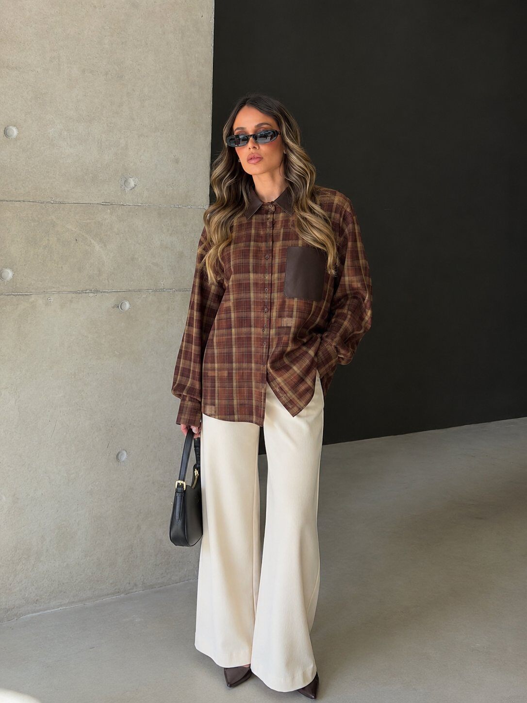 Wholesaler MILLERA - PLAID SHIRT WITH OVERSIZED FAUX LEATHER COLLAR