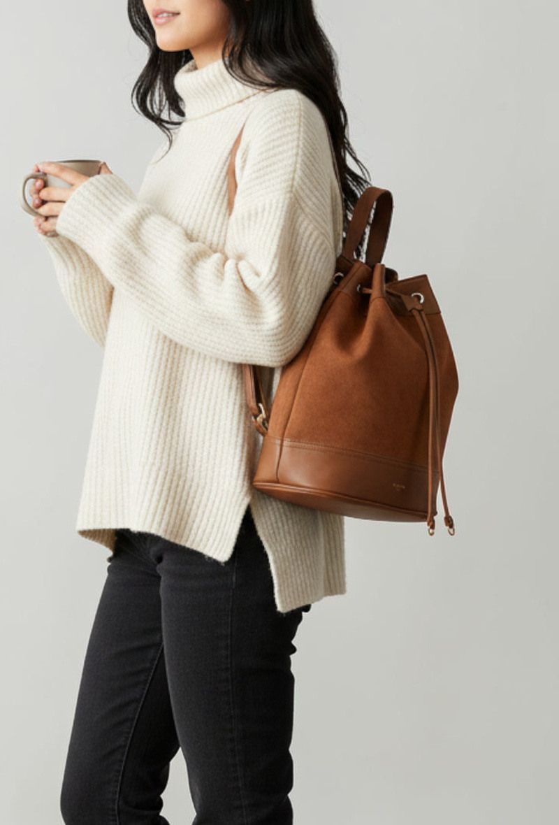 Wholesaler BESTINI (MIMOSA) - Backpack, dual-material suede, drawstring and magnetic closure, handle, Bestini Paris