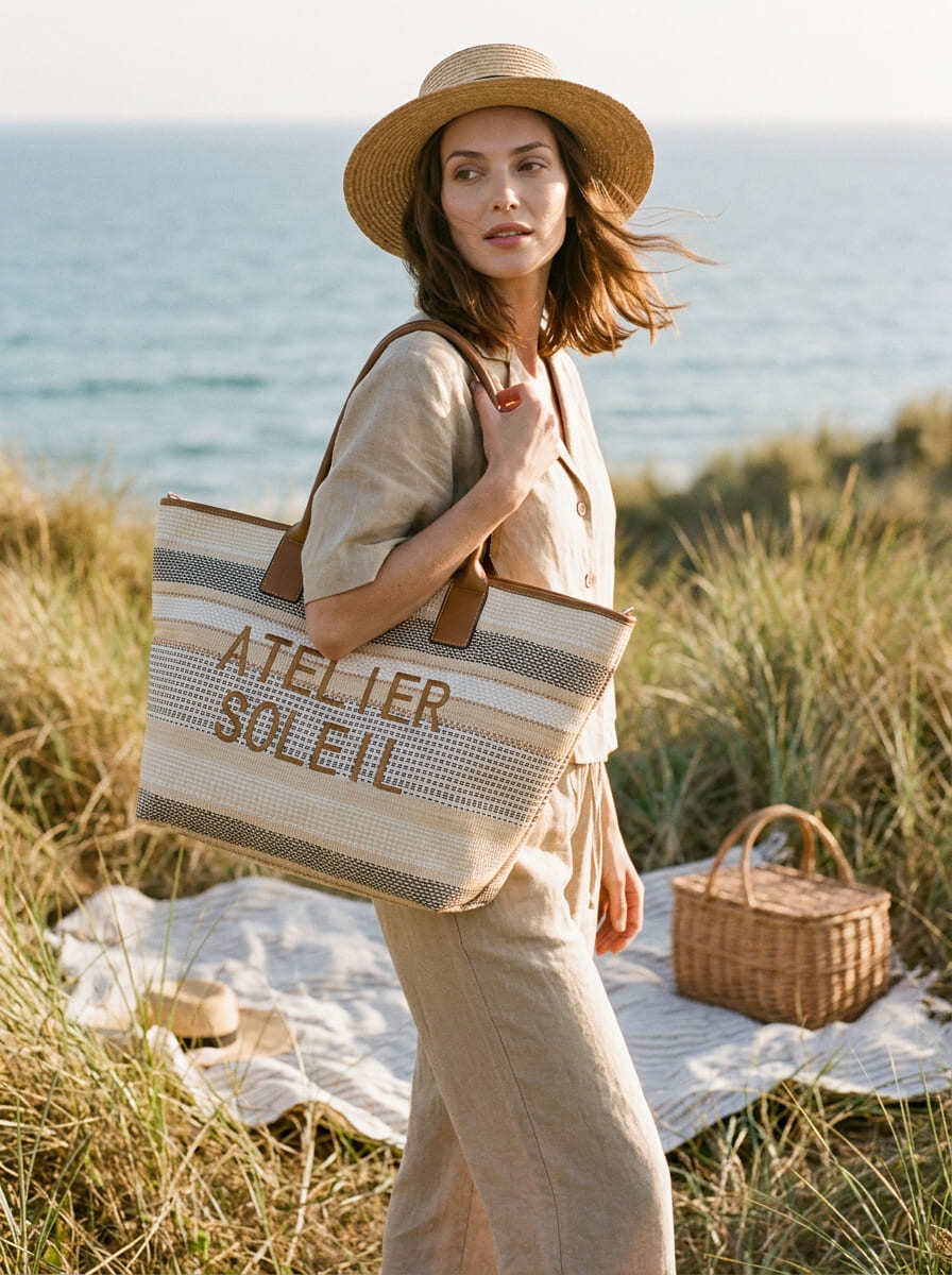 Grossista MIMOSA BY BESTINI - Grande borsa a spalla, effetto paglia e lino, iscrizione ATELIER SOLEIL