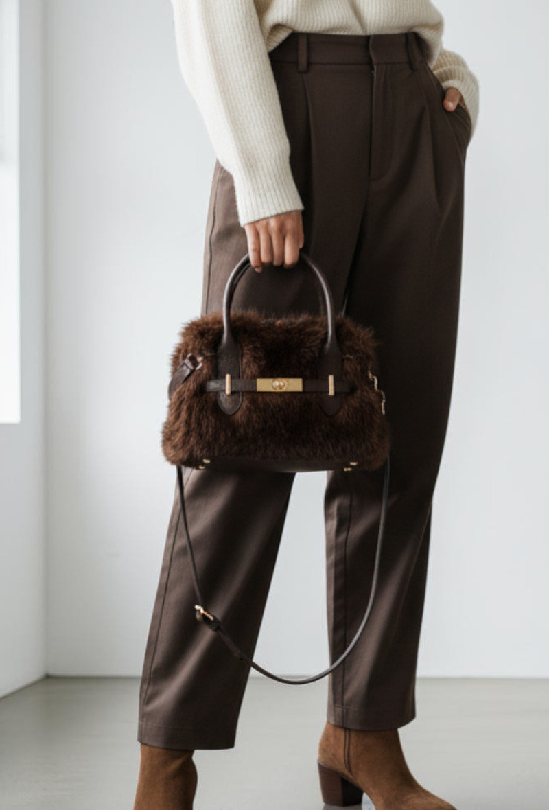 Grossista MIMOSA BY BESTINI - Borsa a mano con tracolla, cinturino da polso, chiusura con zip, laccio decorativo, effetto pelliccia