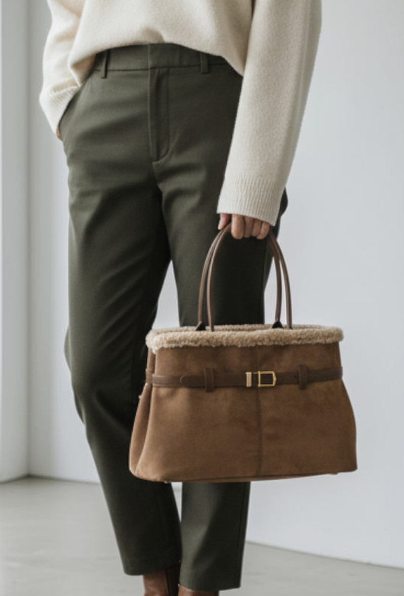 Grossista MIMOSA BY BESTINI - Borsa a tracolla e a spalla con manici, effetto scamosciato e montone, chiusura decorativa e con zip