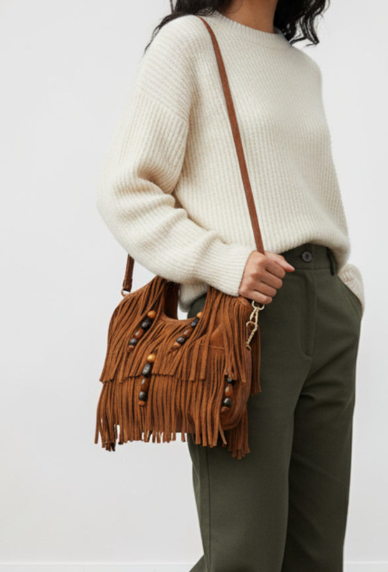 Wholesaler BESTINI (MIMOSA) - Crossbody and handbag, wrist strap, suede effect with fringes, decorative beads, zip closure