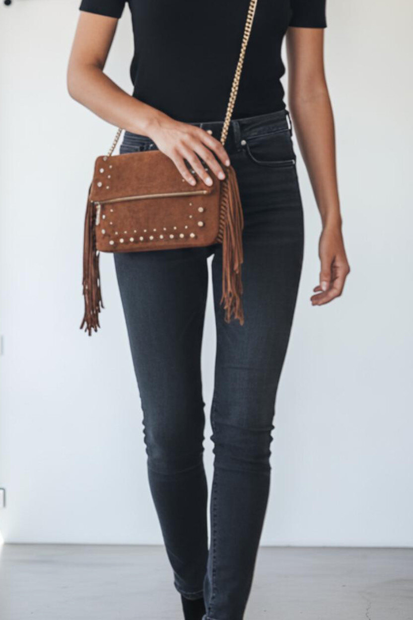 Wholesaler MIMOSA BY BESTINI - Clutch bag, shoulder strap, chain, flap, suede effect, studs, metal buttons, fringe