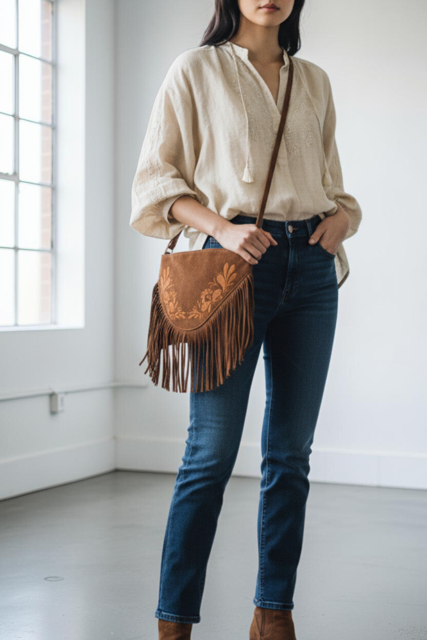 Wholesaler MIMOSA BY BESTINI - Crossbody bag, clutch, suede effect, fringes, decorative embroidery