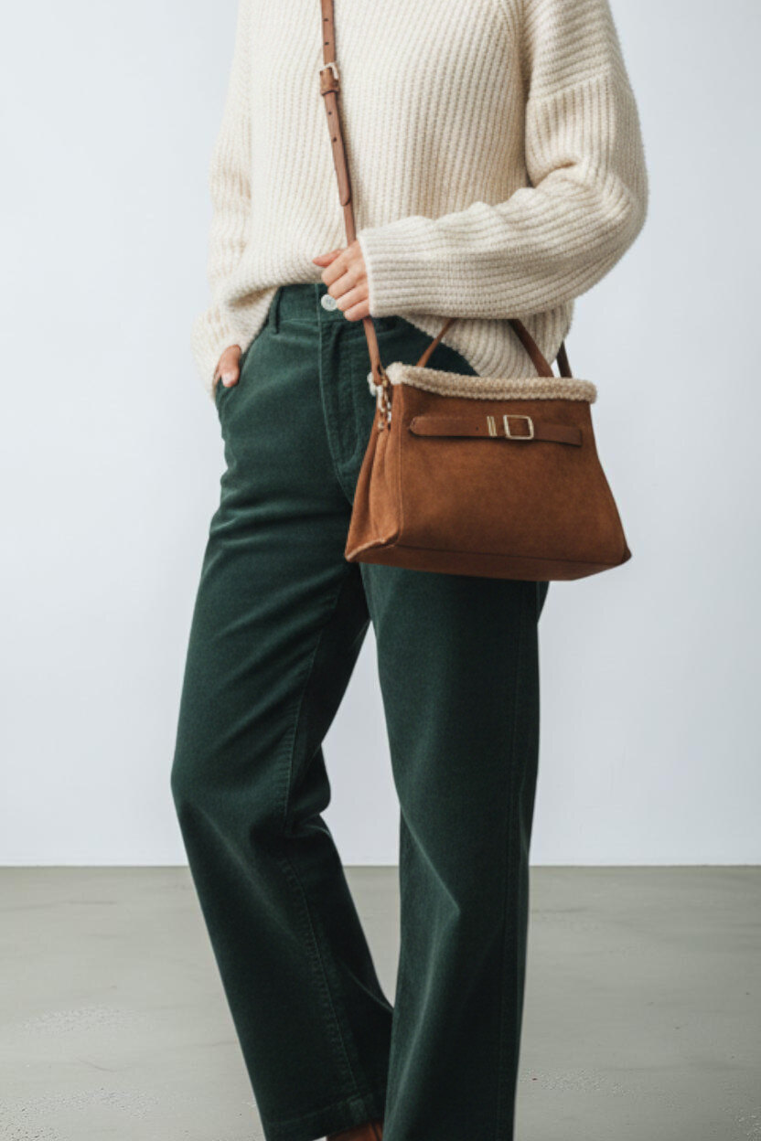 Wholesaler MIMOSA BY BESTINI - Hand and shoulder bag, wrist strap, suede and shearling effect, decorative clasp and zip closure