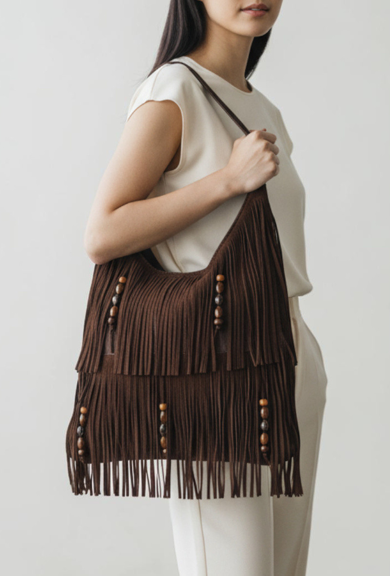 Wholesaler BESTINI (MIMOSA) - Shoulder tote bag, hobo style, zippered, suede effect, with decorative fringes and beads