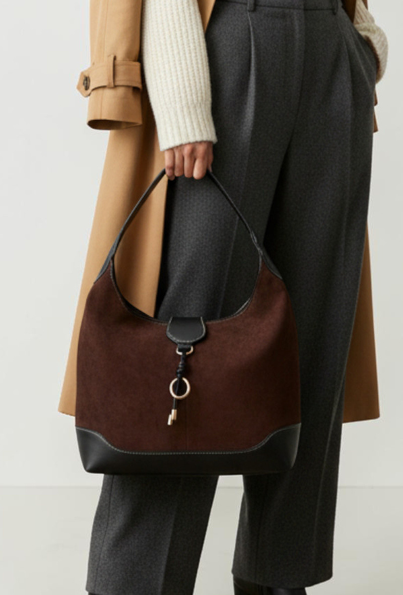 Wholesaler BESTINI (MIMOSA) - Hobo tote bag, shoulder carry, with flap and zip closure, suede mix