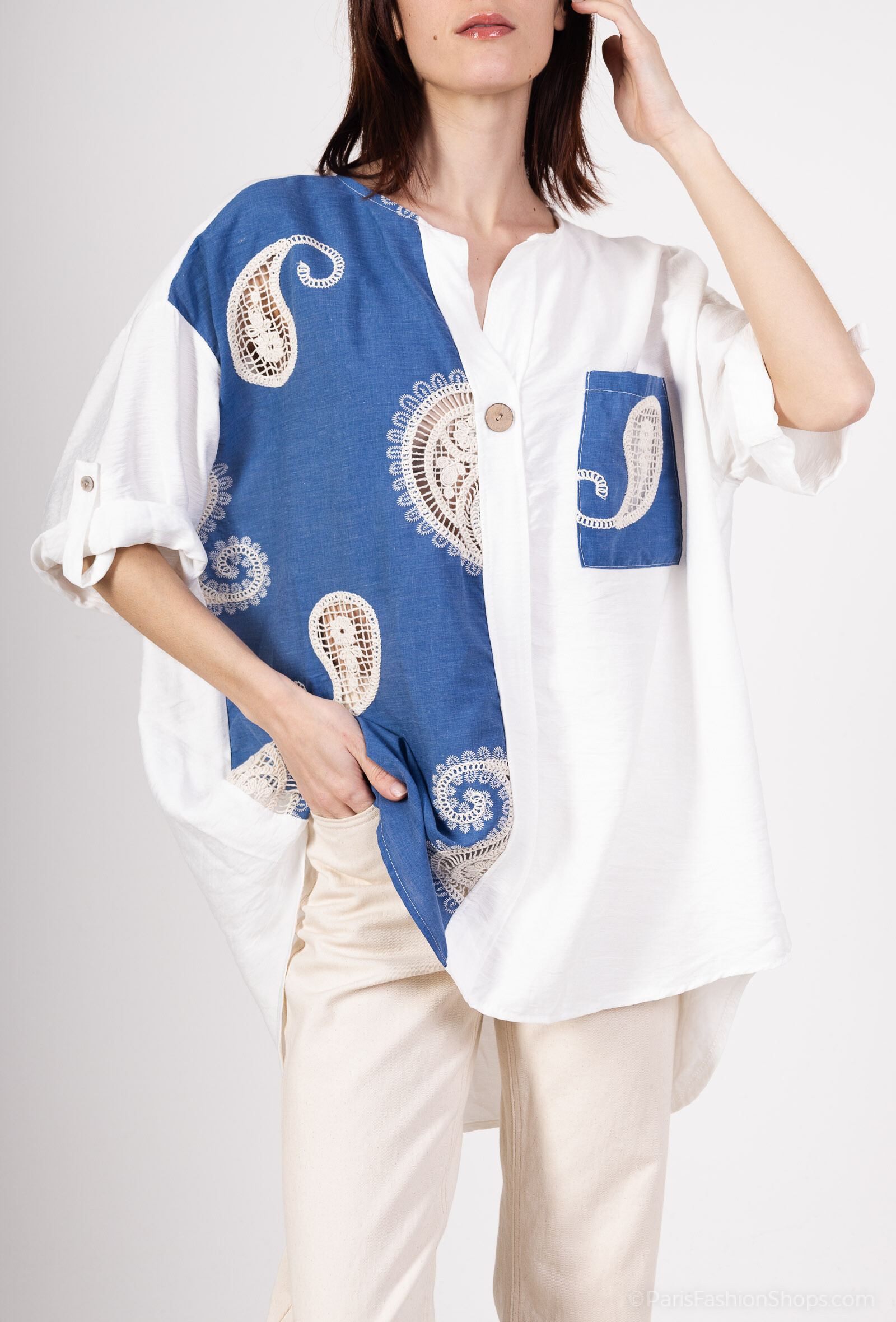 Wholesaler Miss Azur - Shirt or white/blue embroidery blouse