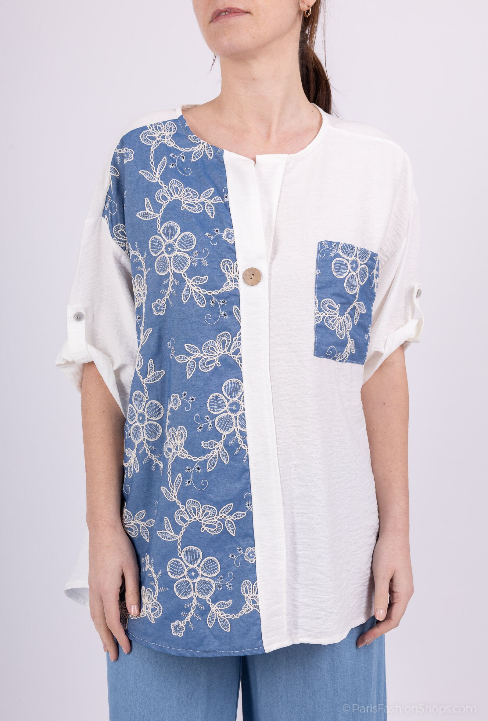 Wholesaler Miss Azur - Shirt or white/blue embroidery blouse