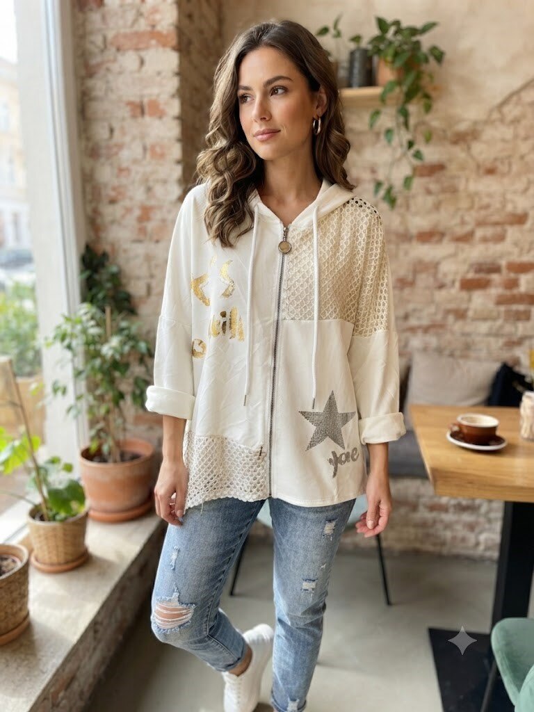 Mayorista Miss Azur - La chaqueta es una sudadera con capucha y cremallera de estilo casual.