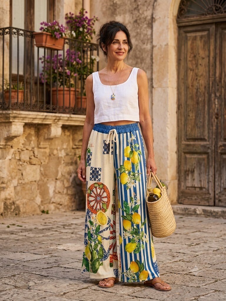 Wholesaler Miss Azur - Comfortable and flexible shiny wide-leg printed pants